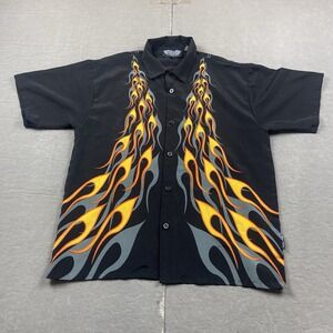Vintage Silver Point Shirt Mens XL Black Tribal Flame Short Sleeve‎ Button Up